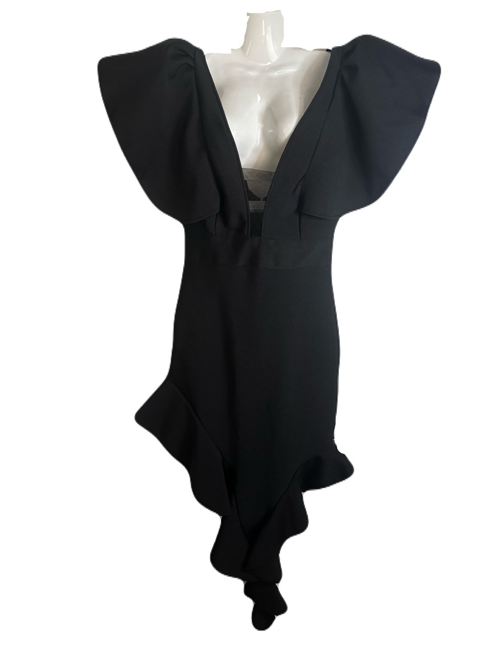 Elegant Black asymmetrical Ruffle Dress with Statement Sleeves - Picture 3 of 16